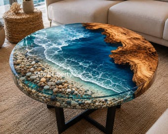 Round Epoxy Resin River Table | Natural Wood Coffee Table, Coastal Style Living Room Decor