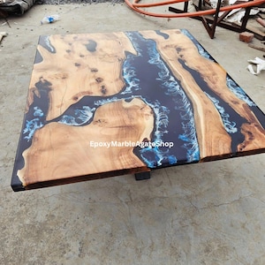 Ocean Custom Made handmade Epoxy blue Resin Coffee Table, Counter Desk Table, Mid Century Modern Art, Hallway Furniture Table, Garden Table