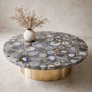 Grauer Achat Stein Runder Couchtisch Handgemachter Luxus Wohnkultur