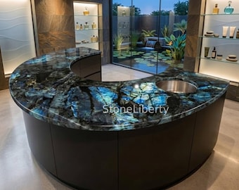 Labradorite Gemstone Table Top | Handmade Luxury Coffee Table | Custom Home Decor