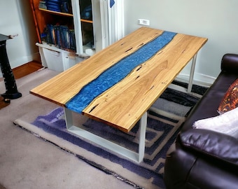 Blauer Epoxidharz-Tisch, große Epoxidharz-Tischplatte, klarer Epoxidharz-Tisch, Epoxidholz-Arbeitsplatte, natürliches Akazienholz, Esszimmermöbel aus Harz