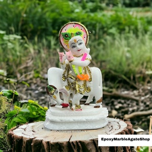 Natural Alabaster Stone Marble Krishna Idol | Handmade Hindu God Statue for Home Decor & Puja