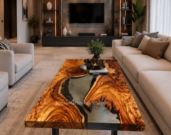 Acacia Wood Epoxy River Table: Modern Live Edge Coffee Center Table