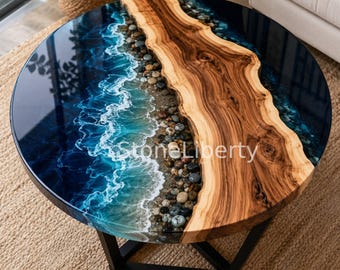 Ocean Wave Epoxy Resin Coffee Table | Wood Pebble River Table | Handmade Coastal Furniture