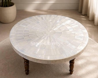 Handmade Selenite Crystal Round Table Top | Natural Gemstone Coffee Table Furniture