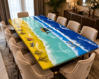 Ocean Resin Dining Table, Beach Epoxy Table, Coastal Dining Room Furniture, Handmade Ocean Wave Table, Luxury Resin Art Table