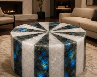 Custom Labradorite & White Quartz Coffee Table | Handmade Crystal Gemstone Table | Luxury Living Room Furniture