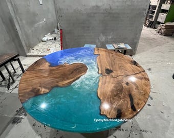 Mesa redonda de resina epoxi azul, mesa de centro de resina, muebles de lujo personalizados hechos a mano para sala de estar.