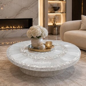 Sunburst Selenite Coffee Table, Handmade Natural Stone Luxury Furniture