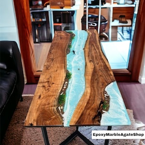 Maßgeschneiderter Epoxidharz-Tisch, große Epoxidharz-Tischplatte, klarer Epoxidharz-Tisch, Epoxidholz-Arbeitsplatte, natürliches Akazienholz, Ozean-Esstisch