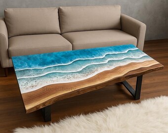 Handmade Acacia Wood Ocean Epoxy Table Top – Custom Resin Surface