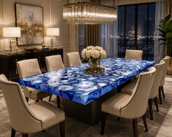 Blue Agate Dining & Coffee Table Top | Luxury Gemstone Decor | Custom Made
