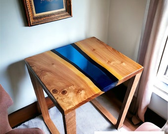 Clear Custom Made handmade Epoxy blue Resin Coffee Table, End Table, Mid Century Modern Art, Hallway Furniture Table, Garden Table