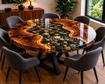 Round Acacia Wood Epoxy Resin Table | Pebble River Coffee Table, Handmade Furniture