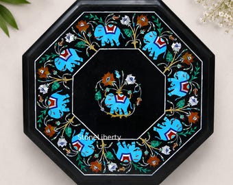 Luxury Black Marble Table Top, Elephant Gemstone Inlay Art, Unique Home Accent