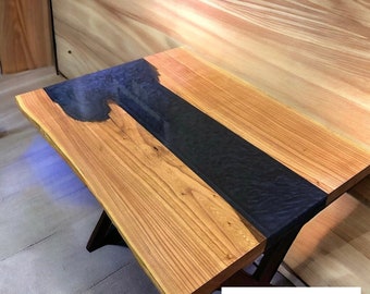 Schwarzer Epoxidharz-Tisch, große Epoxidharz-Tischplatte, klarer Epoxidharz-Tisch, Epoxidholz-Arbeitsplatte, natürliches Akazienholz, Harz-Essmöbel