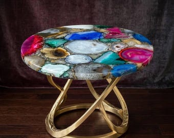 Handmade Mixed Agate Round Coffee Table, Luxury Gemstone Furniture Decor