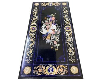 Black Marble Pietra Dura Table Top: Semi Precious Stone Inlay Coffee Dining Table