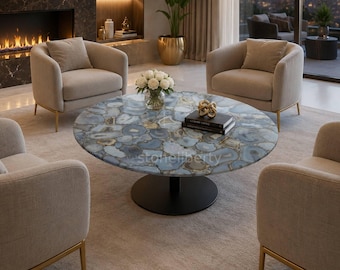 Grey Agate Stone Round Table Top, Luxury Gemstone Coffee Table, Polished Natural Furniture