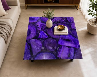 Purple Agate Square Table Top, Luxury Agate Coffee Table, Semi Precious Stone Furniture, Gemstone Center Table, Handmade Home Decor