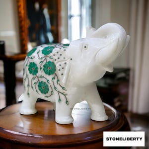 Natural Alabaster Marble Inlay Elephant - Handcrafted Decorative Marble Elephant Statue
