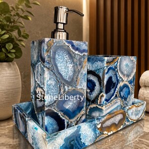 Juego de baño de ágata azul de 3 piezas / Accesorios de tocador de lujo / Decoración de baño inspirada en el cristal