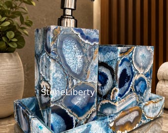 Blue Agate Bathroom Set of 3 | Luxury Vanity Accessories | Crystal Inspired Bathroom Decor