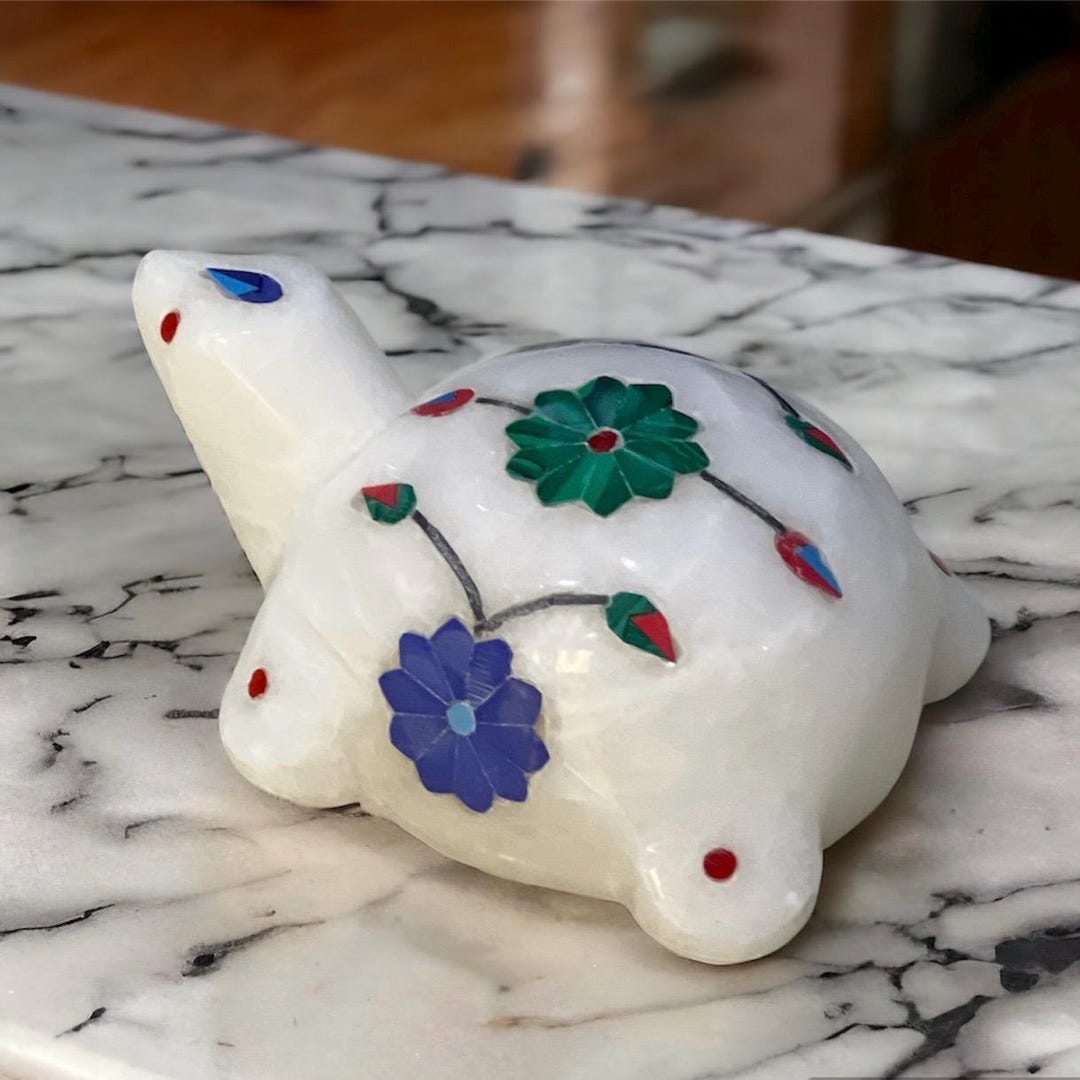 White Natural Marble Alabaster Inlay Turtle Figurine - Handcrafted Good ...
