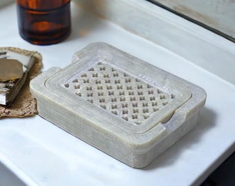 Handmade Marble Soapstone Soap Dish – Carved Jaali Design