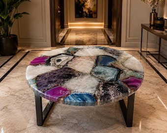 Handcrafted Mix Agate Round Coffee Table Top: Modern Gemstone Centerpiece Furniture