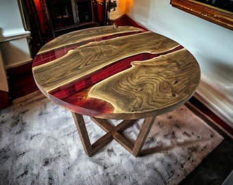 Mesa de centro de resina epoxi hecha a mano con epoxi rojo, mesa de escritorio de mostrador, arte moderno de mediados de siglo, mesa de muebles de pasillo, decoración de mesa de jardín