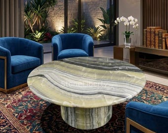 Banded Green Onyx Coffee Table | Black Rainbow Onyx Pedestal Centerpiece | Luxury Stone Decor