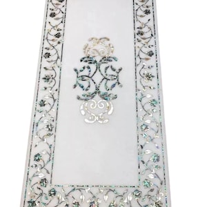 White Marble Dining Table Abalone Shell Inlay Premium Custom Handmade Luxury Furniture for Interior Design