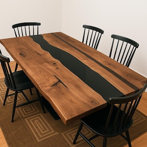 Black Epoxy Dining Table – Rectangle Resin Wood Table | Custom Epoxy Table | Modern Live Edge Table | Handmade Dining Room Furniture
