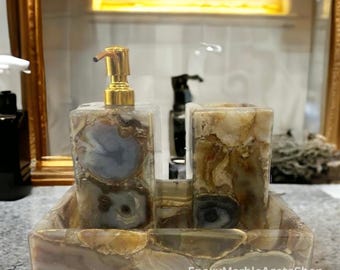 Handgefertigte Achat Badezimmer Dekor Set, Seifenspender, Tablett