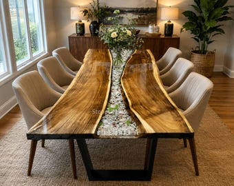 Pebble Epoxy River Dining Table, Live Edge Wood Slab Table, Clear Resin River Table, Handmade Dining Room Furniture, Luxury Conference Table
