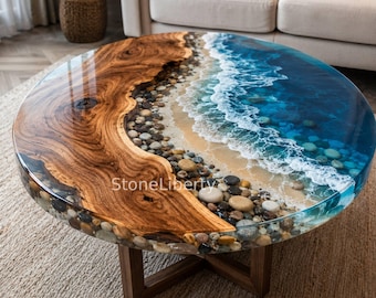 Ocean Wave Coffee Table, Coastal Living Room, Round Coffee Table, Ocean Epoxy Table, Handmade Furniture