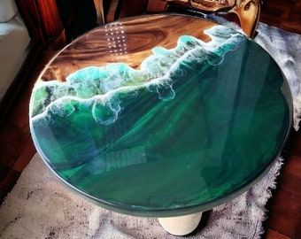 Mesa de centro de resina epoxi hecha a mano con olas oceánicas, mesa de escritorio de mostrador, arte moderno de mediados de siglo, mesa de muebles de pasillo, decoración de mesa de jardín