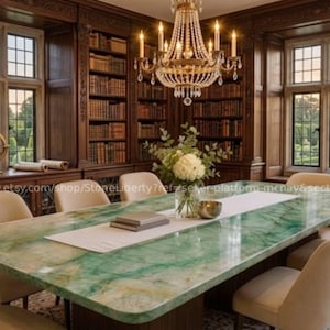 May include: A grand dining room with a large, rectangular green marble table. The room features built-in bookshelves, a crystal chandelier, and cream-coloured chairs. The windows offer a view of a garden.