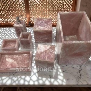 Handmade Pink Agate 7-Piece Bathroom Decor Set | Luxury Vanity Accessories | Spa Bathroom Decor