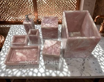 Handmade Pink Agate 7-Piece Bathroom Decor Set | Luxury Vanity Accessories | Spa Bathroom Decor