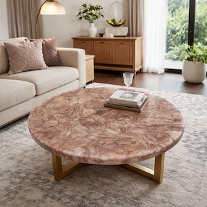 Rosa Rosenquarz Couchtisch, runder Steintisch, luxuriöse Wohnzimmermöbel, handgefertigtes Dekor