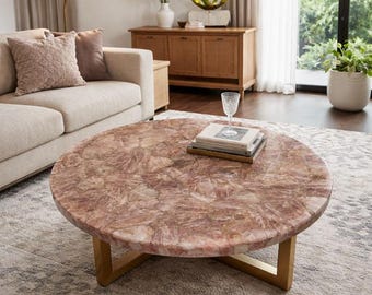 Pink Rose Quartz Coffee Table, Round Stone Table, Luxury Living Room Furniture, Handmade Decor