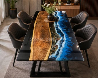Ocean Wave Epoxy Table, Live Edge Wood Resin Table, Rectangle Conference Table, Coastal Office Desk, Luxury Living Room Furniture