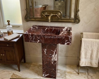 Rosso Levanto Marble Pedestal Sink, Luxury Red Stone Freestanding Wash Basin