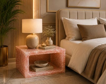 Rose Quartz Crystal Bedside Table | Mid Century Modern Pink Gemstone Nightstand