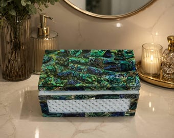 Elegant Abalone Shell Mosaic Jewelry Box, Handmade Marble Gemstone Trinket Box, Luxury Vanity Decor, Keepsake Gift for Her