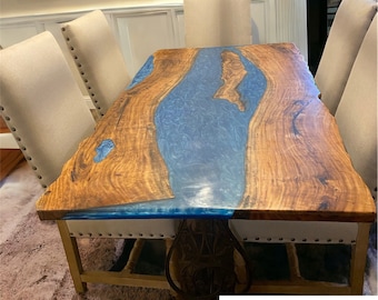 Blauer Epoxidharz-Tisch, große Epoxidharz-Tischplatte, klarer Epoxidharz-Tisch, Epoxidholz-Arbeitsplatte, natürliches Akazienholz, Esszimmermöbel aus Harz