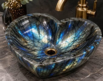 Labradorite Heart Sink Iridescent Stone Luxury Bathroom Basin Decor