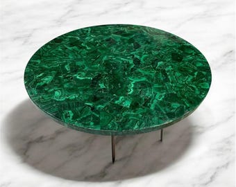 Handmade Malachite Round Coffee Table - Green Stone Inlay